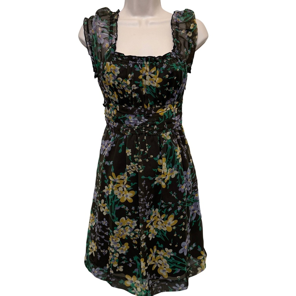 Vtg Johnny Martin Y2K MilkMaid Mini Dress‎ Juniors 3 Brown Floral Ruffle Chiffon
